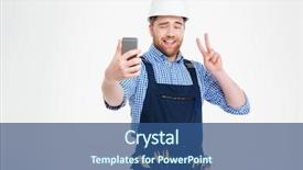  Presentation with mobile phone addiction - PPT theme having skype - smiling handsome young builder showing background and a ocean colored foreground