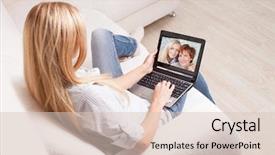  Presentation with laptop - Theme having skype - woman on the sofa background and a  colored foreground