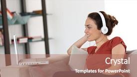  Presentation with woman outlaw - Cool new PPT theme with skype - woman with headphones chating backdrop and a  colored foreground