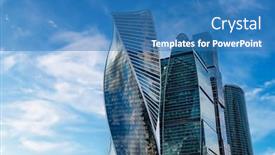  Presentation with skyscraper - Beautiful presentation design featuring skyscraper-and-cloudy-blue-sky backdrop and a teal colored foreground