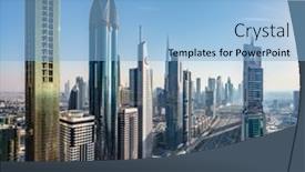  Presentation with city buildings - PPT theme with skyscrapers-city-highrise-business-buildings background and a light blue colored foreground
