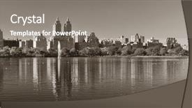  Presentation with taxi cabs new york city - Audience pleasing presentation theme consisting of skyscrapers over lake with fountain backdrop and a gray colored foreground