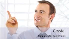  Presentation with strategic management needle pointing - Colorful slide deck enhanced with man lookin upward - businessman pointing up backdrop and a  colored foreground