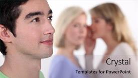  Presentation with hero man and women - Presentation theme having slander - women sharing secrets about young background and a light gray colored foreground
