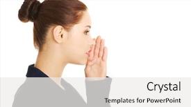  Presentation with young business woman smile show - Beautiful PPT theme featuring slander - young business woman talking gossip backdrop and a white colored foreground