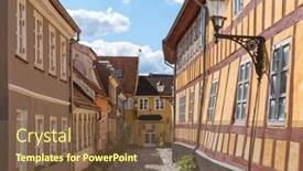  Presentation with street - PPT theme consisting of slanted-houses-on-cobblestone-street background and a tawny brown colored foreground