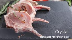  Presentation with fresh meat - PPT theme enhanced with slate plate with fresh raw meat on table background and a gray colored foreground
