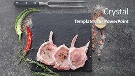  Presentation with raw meat - Presentation having slate plate with fresh raw meat on table background and a gray colored foreground