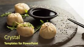  Presentation with soy sauce - Presentation theme enhanced with slate plate with tasty baozi dumplings and soy sauce on table background and a tawny brown colored foreground