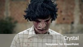  Presentation with scary - Slide deck enhanced with closeup of a scary disfigured man looking down wearing a ragged and dirty shirt with stains of blood in front of an abandoned house background and a gray colored foreground