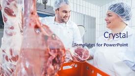  Presentation with meat - Slide deck with team of butchers working with meat in butchery putting them in container background and a sky blue colored foreground