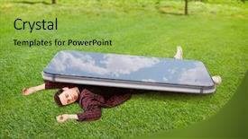  Presentation with wireless charging mobiles smartphone - Audience pleasing slides consisting of slaves - man was crushed by large backdrop and a yellow colored foreground