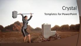  Presentation with superhero businesswoman - Colorful slide deck enhanced with sledge hammer - businesswoman with sledgehammer backdrop and a  colored foreground