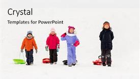  Presentation with happy kids - Slide deck consisting of sledges - childhood sledging and season concept background and a white colored foreground