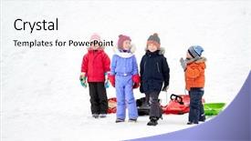  Presentation with happy kids - Slides with sledges - childhood sledging and season concept background and a white colored foreground