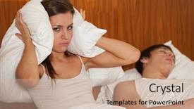  Presentation with snoring - PPT theme having sleep apena - unhappy woman and her snoring background and a coral colored foreground