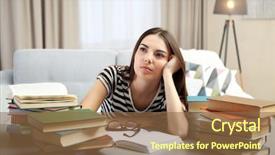  Presentation with tan book stack stacks of books - Slide deck enhanced with sleep brain - young tired woman with books background and a  colored foreground