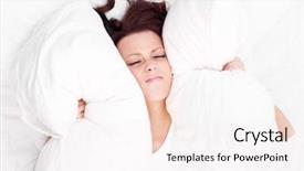  Presentation with ears - PPT theme enhanced with sleep disorders - displeased young brunette woman frowning background and a sky blue colored foreground