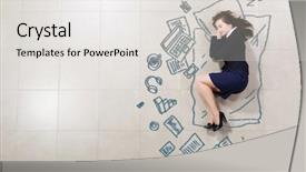  Presentation with tired - Beautiful presentation featuring sleep dreams - tired businesswoman sleeping on floor backdrop and a light gray colored foreground