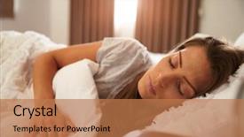  Presentation with curtains - Beautiful presentation theme featuring sleep dreams - woman asleep in bed backdrop and a coral colored foreground