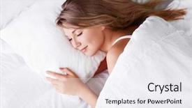  Presentation with sleeping - Theme having sleep dreams - young girl sleeping in bed background and a sky blue colored foreground