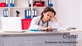  Presentation with working in a clinic - PPT theme featuring sleep lab - aged female doctor working background and a  colored foreground