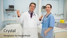  Presentation with healthcare workers - PPT theme enhanced with sleep lab bed - happy doctor and nurse background and a  colored foreground