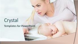  Presentation with sleeping baby - Audience pleasing PPT theme consisting of sleeping baby next to mother using laptop backdrop and a sky blue colored foreground