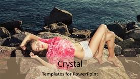  Presentation with sleeping beauty - Amazing presentation theme having sleeping beauty fashion girl on the beach on rocks against the background of the water tanned slim beautiful woman model with long legs near the sea summertime scene about travel or vacations backdrop and a coral colored foreground