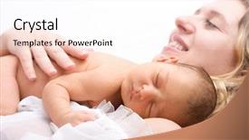  Presentation with newborn - PPT theme having sleeping child in the hands background and a sky blue colored foreground