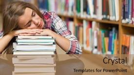  Presentation with sad lonely student sitting - Amazing slide set having sleeping student sitting on library backdrop and a  colored foreground