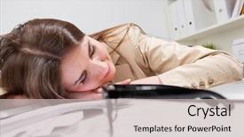  Presentation with woman office desk - Audience pleasing PPT layouts consisting of sleeping woman at office desk backdrop and a light gray colored foreground