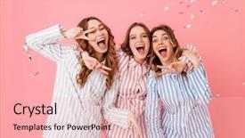  Presentation with women - Presentation design with sleepover - three happy women 20s wearing background and a lemonade colored foreground