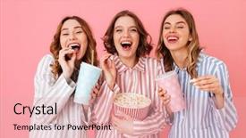  Presentation with paper cups - Presentation design featuring sleepover - three happy women in homewear background and a lemonade colored foreground