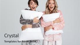  Presentation with cheerful stylish city girl using - Colorful slides enhanced with sleepover - two cheerful girls wearing pajamas backdrop and a light gray colored foreground