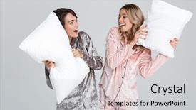  Presentation with cheerful - Audience pleasing PPT theme consisting of sleepover - two cheerful girls wearing pajamas backdrop and a light gray colored foreground
