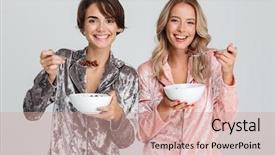  Presentation with cereal - PPT theme with sleepover - two pretty girls wearing pajamas background and a coral colored foreground
