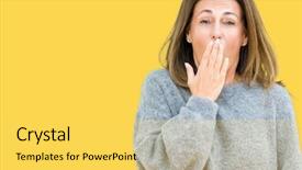  Presentation with age discrimination - Slide set having sleepy - beautiful middle age woman wearing background and a yellow colored foreground