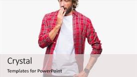  Presentation with woman covering man mouth hand - Cool new presentation with sleepy - handsome hispanic model man backdrop and a  colored foreground