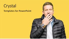  Presentation with woman covering man mouth hand - Presentation design enhanced with sleepy - handsome man wearing winter coat background and a  colored foreground