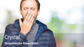  Presentation with woman covering man mouth hand - Beautiful PPT theme featuring sleepy - middle age handsome man wearing backdrop and a ocean colored foreground