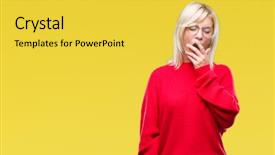  Presentation with woman covering man mouth hand - Beautiful slides featuring sleepy - young beautiful blonde woman wearing backdrop and a yellow colored foreground