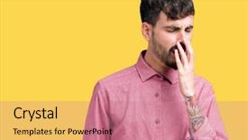  Presentation with woman covering man mouth hand - Cool new slide deck with sleepy - young handsome man wearing pink backdrop and a  colored foreground