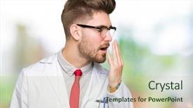  Presentation with woman covering man mouth hand - Cool new PPT theme with sleepy - young handsome scientist man wearing backdrop and a  colored foreground