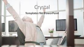  Presentation with front desk - PPT theme having sleepy businessman sitting in front of the desk background and a white colored foreground