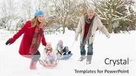  Presentation with family - Presentation design enhanced with sleigh ride - family pulling sledge through snowy background and a white colored foreground