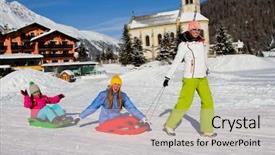  Presentation with winter family - Slides featuring sleigh ride - winter fun snow family sledding background and a soft green colored foreground