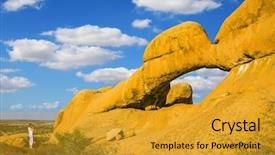  Presentation with africa tourism - Audience pleasing PPT layouts consisting of slender woman photographs stone arch backdrop and a gold colored foreground