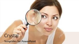  Presentation with looking glass - Beautiful slides featuring sleuth - attractive woman looking backdrop and a coral colored foreground