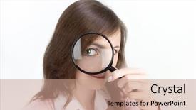  Presentation with blonde holding magnifying glass - Beautiful slides featuring sleuth - young woman holding magnifying glass backdrop and a  colored foreground